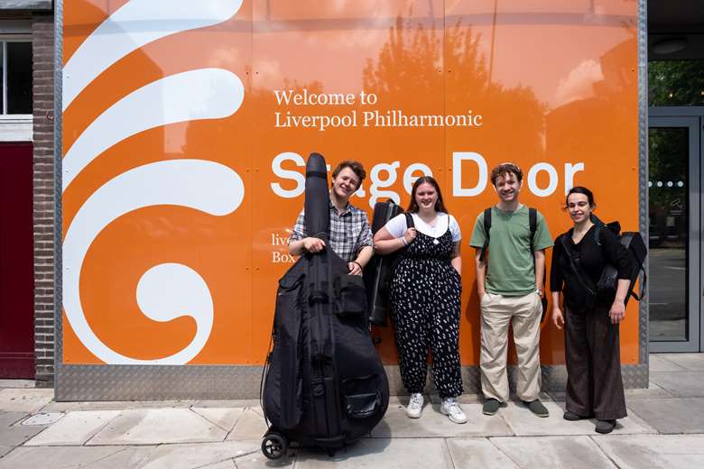 Left to right: Double bass player Danny Cleave, trombonist Meggie Murphy, oboist Ewan Millar and clarinettist Méline Le Calvez (Image courtesy of the Liverpool Philharmonic)