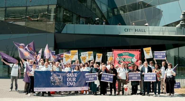 Equity and MU members who work at the ENO with London Assembly members outside City Hall in June 2023 © Equity