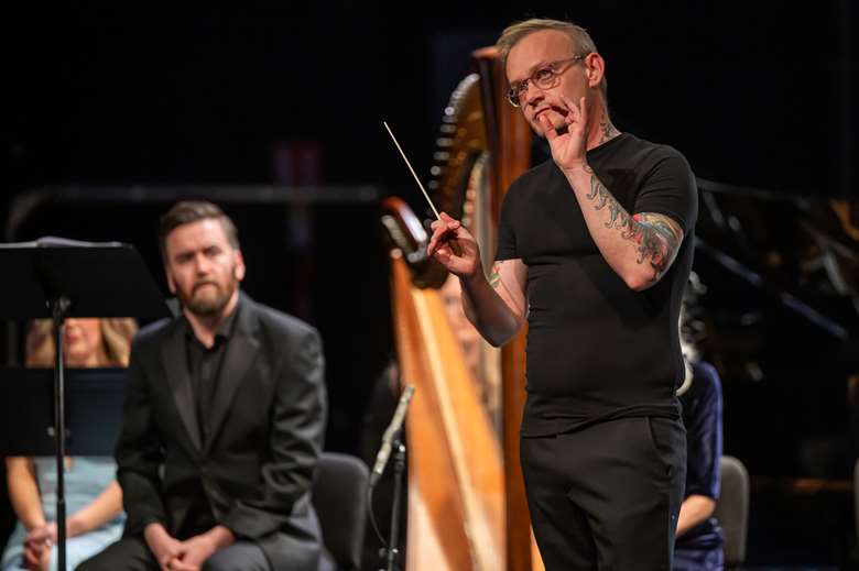 For the premiere of his new work Conor Mitchell conducts the Belfast Ensemble, the Ulster Orchestra, soprano Rebecca Murphy and tenor Michael Bell (Image courtesy of Belfast Ensemble)