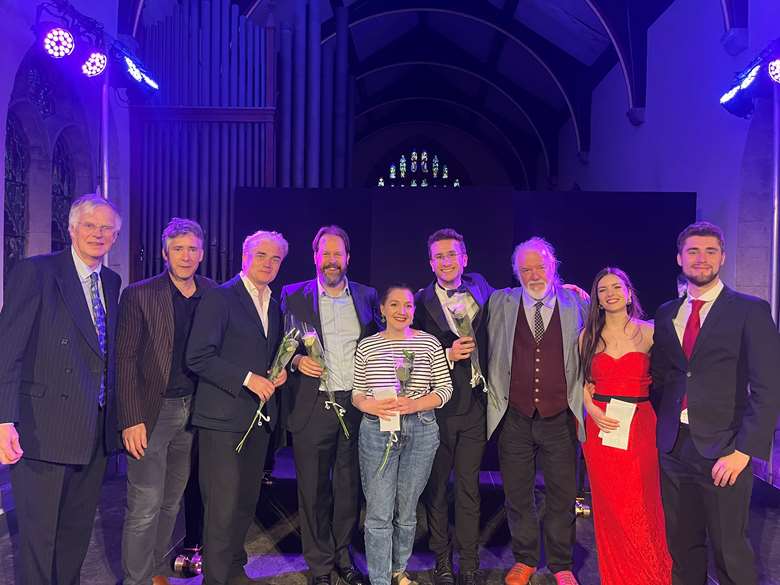 (Left to right) Sir Andrew Lawson-Tancred, Robert Ogden, Edward Gardner OBE, Sholto Kynoch, Judith le Breuilly, George Ireland, Sir John Tomlinson, Clara Orif and Jack Redman. (Image courtesy of Northern Aldborough Festival)