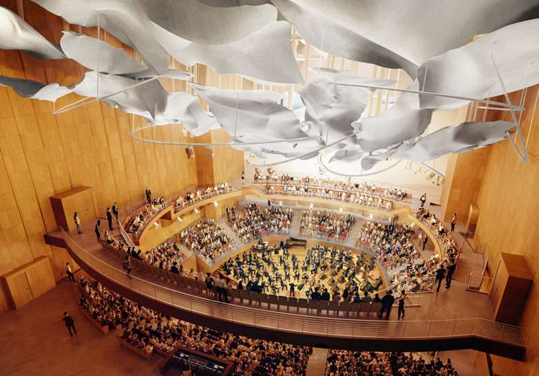 The donation comes as the Colburn School embarks on the creation of its new Frank Gehry-designed campus expansion. The 1,000-seat concert hall will be located on the West end of the project site. © Frank O. Gehry & Gehry Partners, LLP