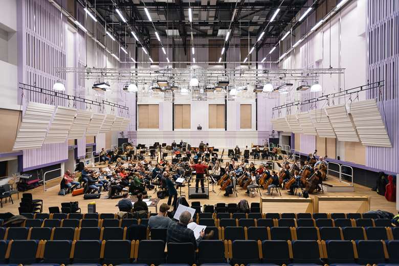 Michael Seal conducts the BBC Philharmonic in a rehearsal of Adrian Sutton's new violin concerto, with Fenella Humphreys as the soloist 