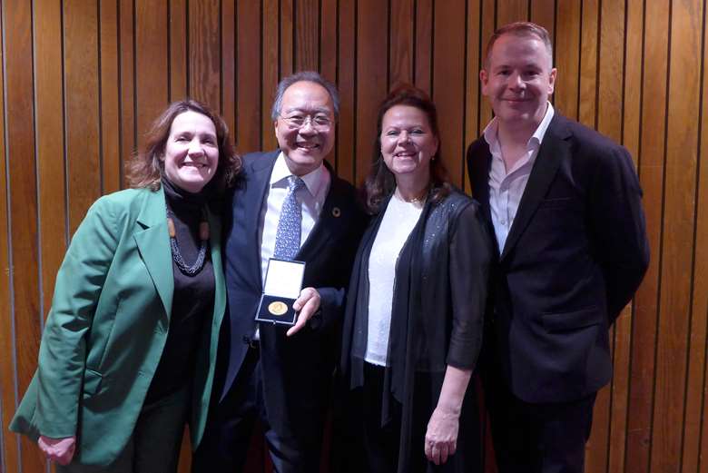 Yo-Yo Ma with RPS chair Angela Dixon, long-time collaborator Kathryn Stott, and RPS chief executive James Murphy (Image courtesy of RPS)