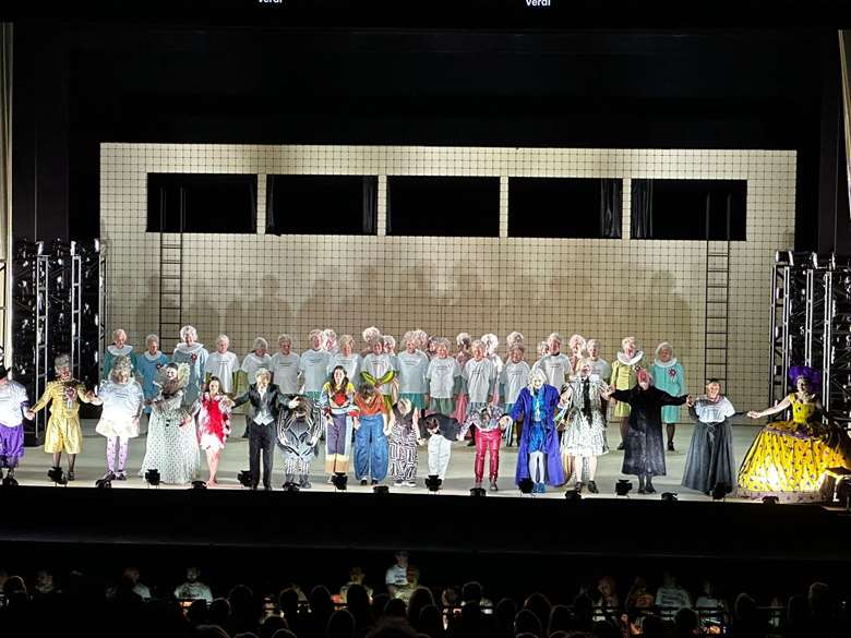 WNO chorus members wear #SaveOurWNO t-shirts during the curtain call for the company’s September 2024 production of Rigoletto © Equity UK